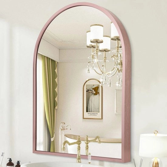 Specchio a muro curvo per bagno, specchio per parete, tavolo da toeletta, decorazione, camera da letto, tavolo da toeletta, ingresso, soggiorno, cornice metallica 65 x 45 cm, roségoud.