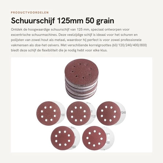 Set di abrasivi a disco 125mm 50 pezzi - Set di carta abrasiva - Piattaforma di montaggio a 8 gusci - Adatto per legno/metallo - Dimensione della polvere 60/120/240/400/800 - Per lucidare e levigare