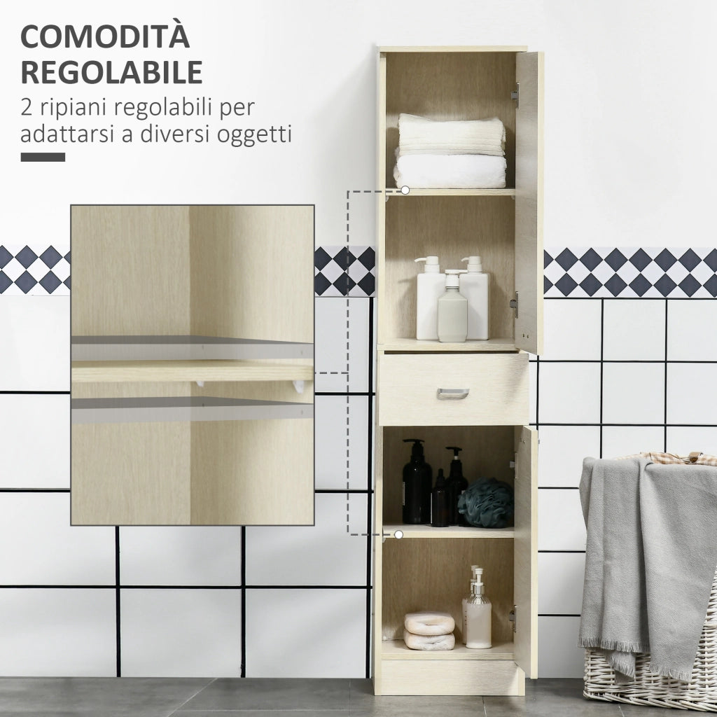 EasyComfort Mobile Bagno in Legno con Cassetto, 2 Armadietti e Ripiani Regolabili, 34x34x150 cm, Color Legno