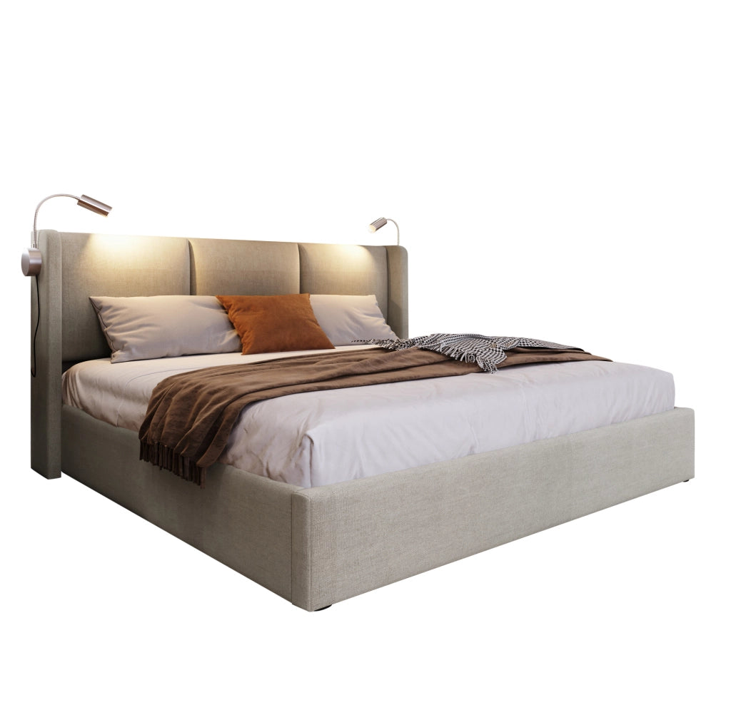 Letto matrimoniale 180x200 cm con contenitore; luce da lettura LED e USB; in lino beige
