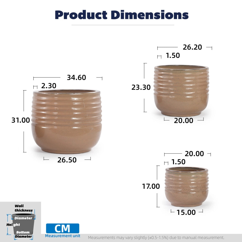 Vaso per piante ULEVR ? 20 cm in ceramica marrone chiaro lucida con scanalature ondulate e foro di drenaggio