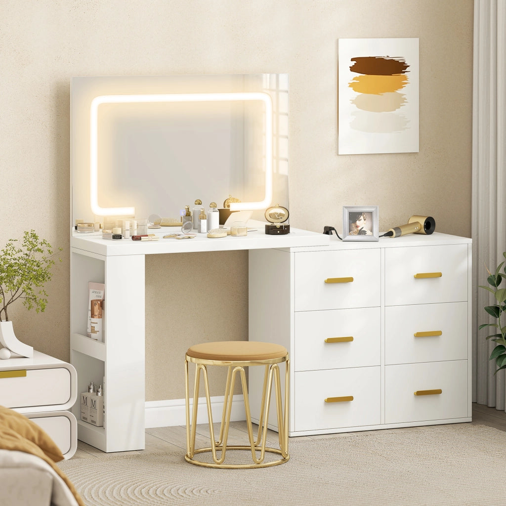 Toeletta da Camera con Specchio e Luci LED Regolabili, 6 Cassetti, 2 Ripiani e Prese Elettriche, Bianco