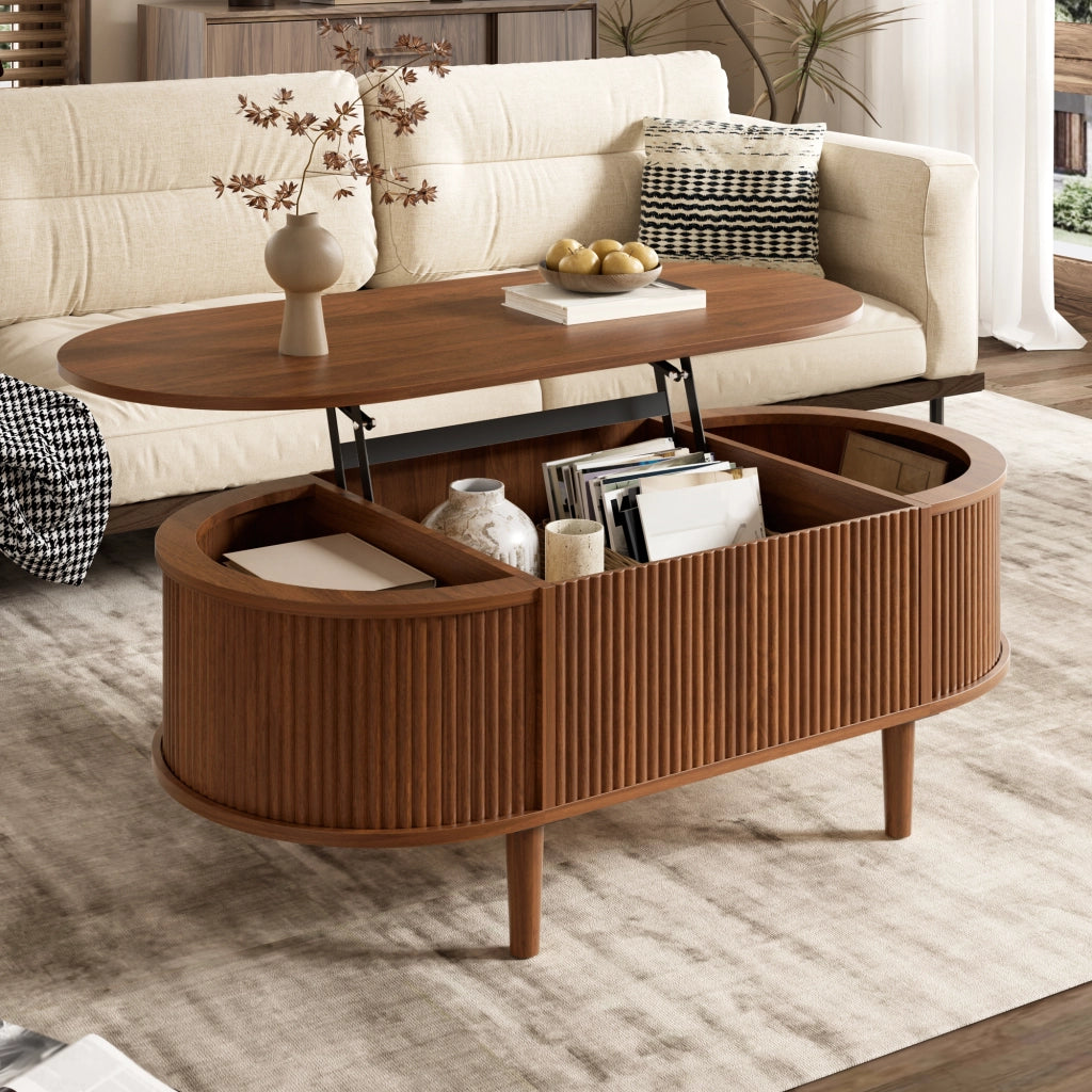 Tavolino da caffè ovale regolabile in altezza 100x48x54;5 cm in MDF; noce