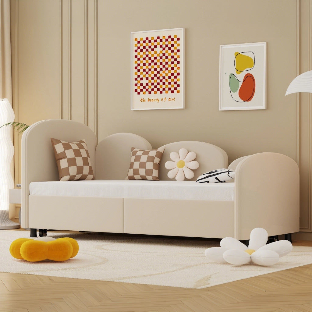 Letto per bambini a forma di fiore con cassetto; 90x200 cm; velluto beige