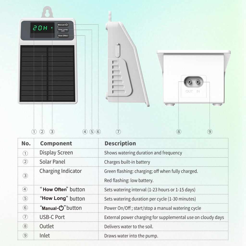 Kit irrigazione automatica solare programmabile per 10 piante in vaso batteria 2200mAh impermeabile IPX5 tubo resistente ai raggi UV Bianco