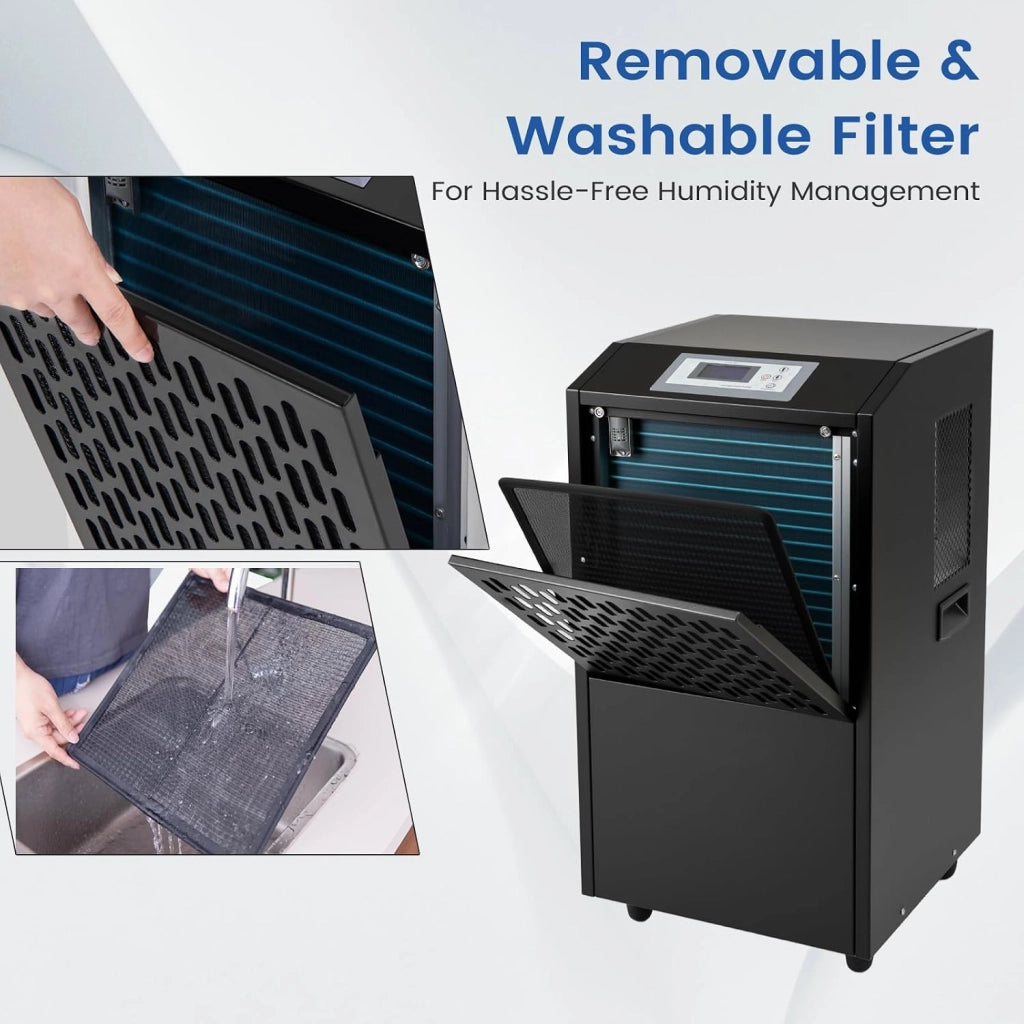 Deumidificatore Elettrico 118L/Giorno, Deumidificatore Professionale Industriale con Ruote, Tubo di Scarico, Timer 24 Ore, Filtro Rimovibile Lavabile, per Cantine, Magazzini, Scantinati (Nero)