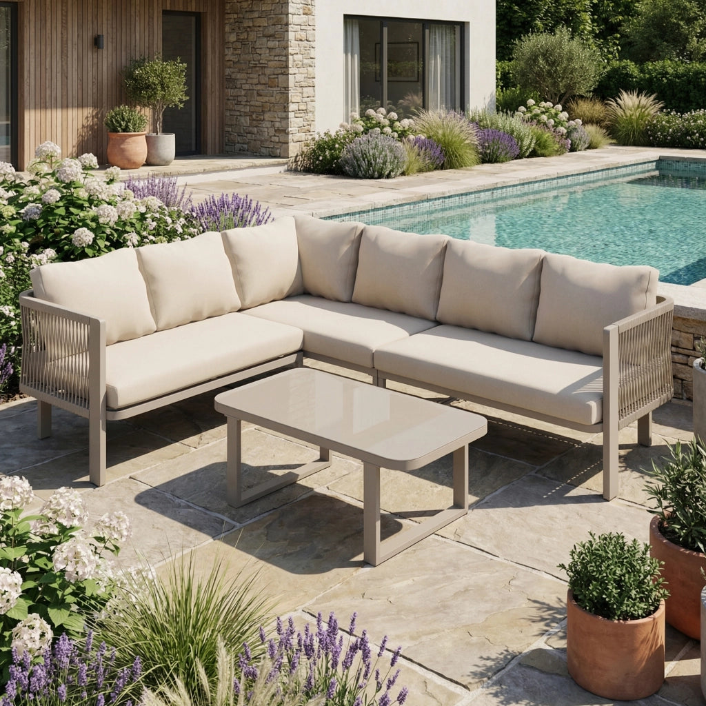 Set Mobili da Giardino 6 Posti con Tavolo, Divano e Sedie ¨C MINIMAL ¨C Acciaio, Vetro, Textilene, Beige