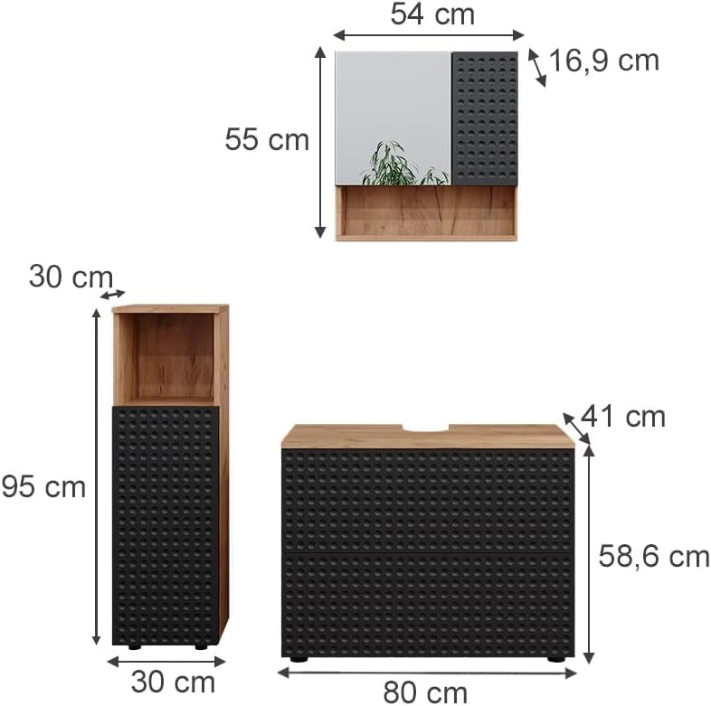 Set mobili bagno Irma, Antracite puntinato, 3 pezzi, con cabinet midi