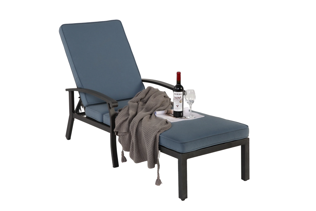 Sedia a sdraio da giardino con cuscino in cotone, regolabile, reclinabile, in alluminio antiruggine, per bordo piscina, con cuscino blu impermeabile