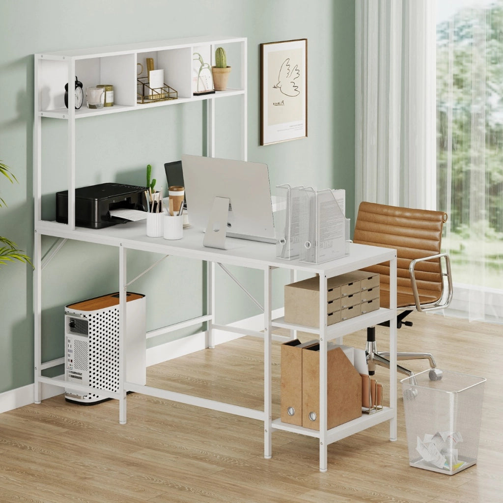 Scrivania per computer a forma di l con pensile ripiani e gancio libreria, Scrivania per computer ufficio domestico Bianco