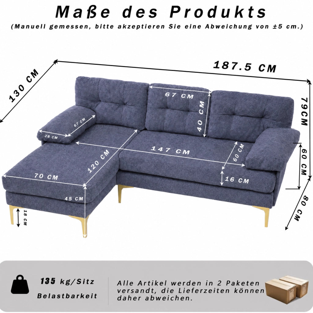 Divano angolare 3 posti convertibile con chaise longue reversibile e braccioli imbottiti in tessuto ciniglia blu 187.5 × 130 × 79 cm