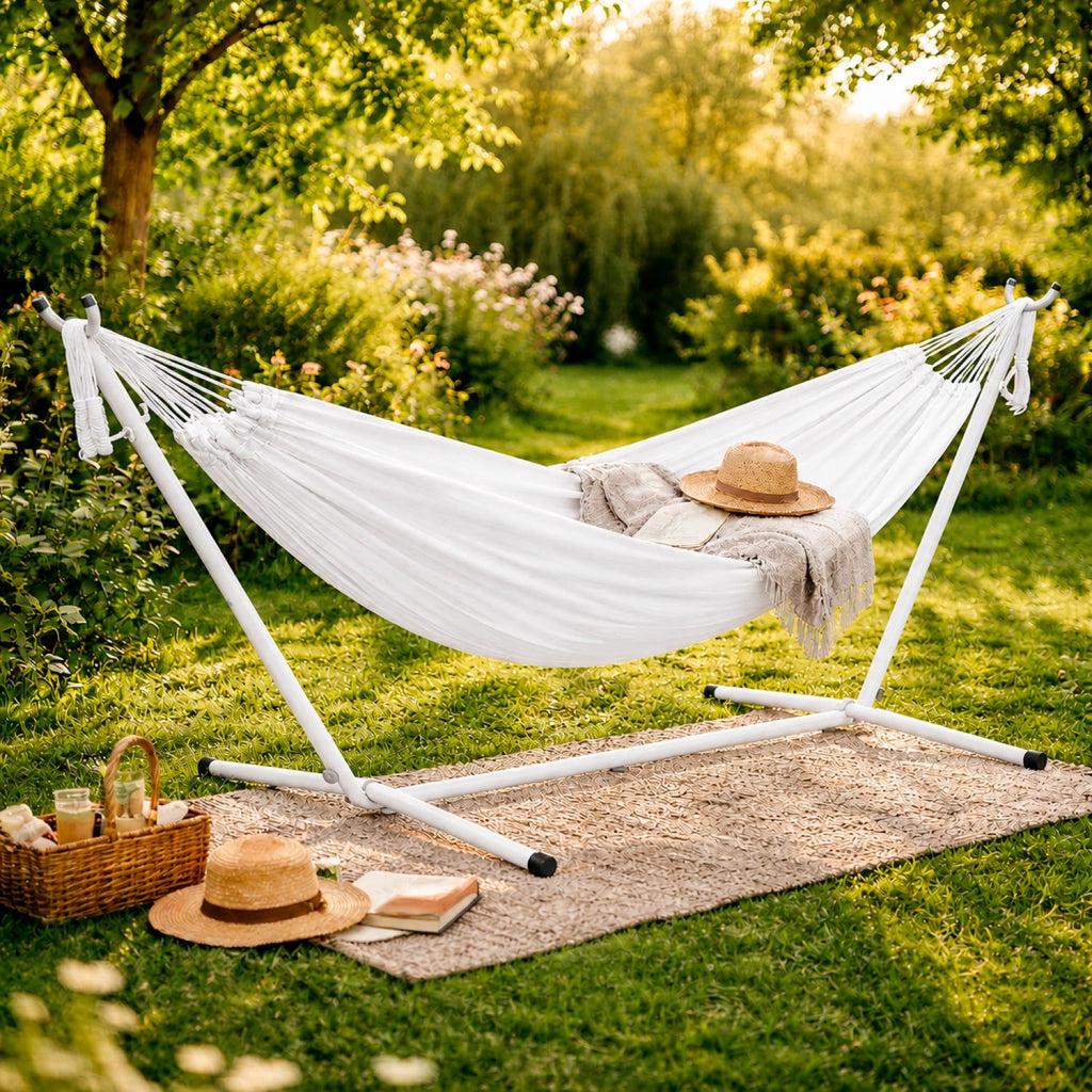 Amaca Da Giardino Con Telaio In Acciaio Portata 200 Kg Altezza Regolabile Telo Cotone Resistente Per Terrazzo Piscina Balcone Esterno Con Borsa 265 x 110 x 100 Cm Bianco