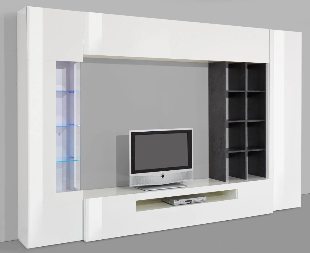 Igor, Parete Attrezzata 7 Ripiani Made in Italy, 40x290x192h cm Bianco Lucido
