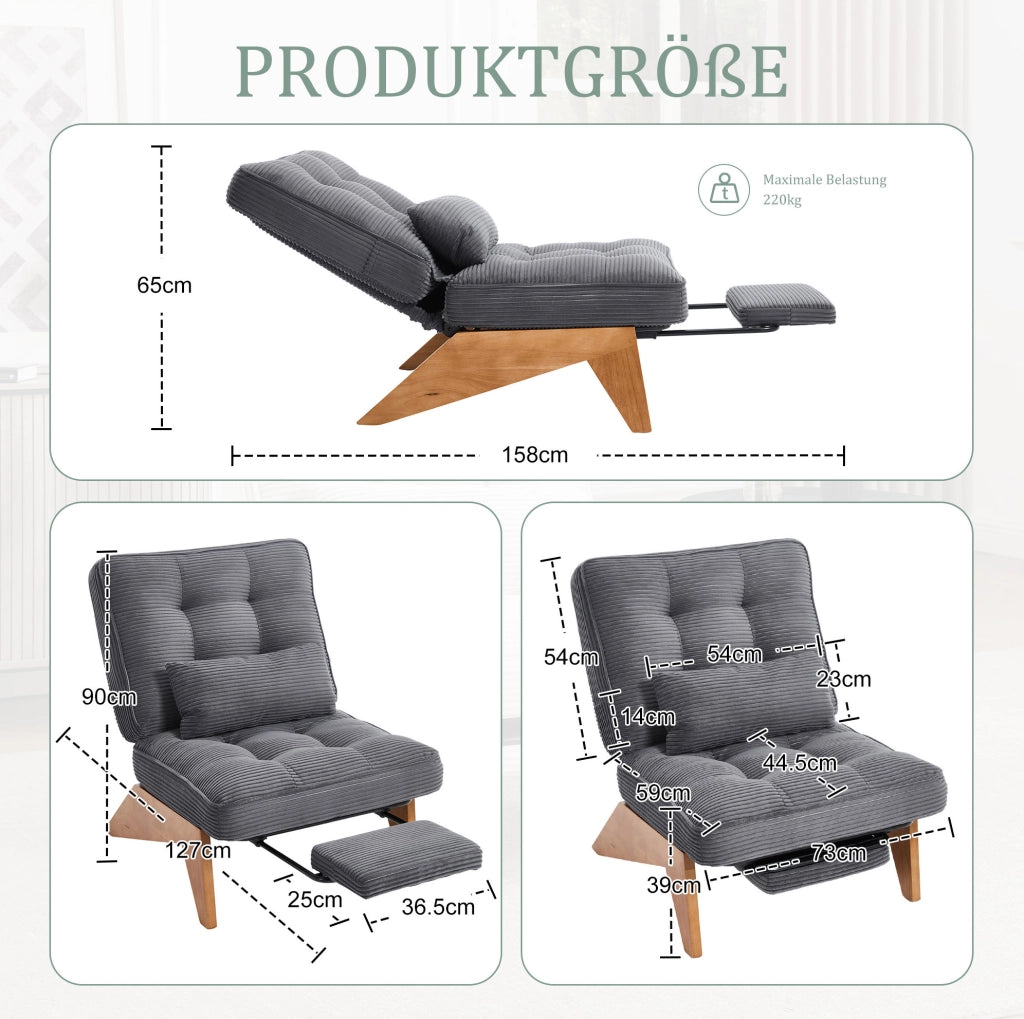 Poltrona lounge reclinabile con schienale regolabile; cuscino lombare; 127x73x90 cm; grigio scuro in corduroy
