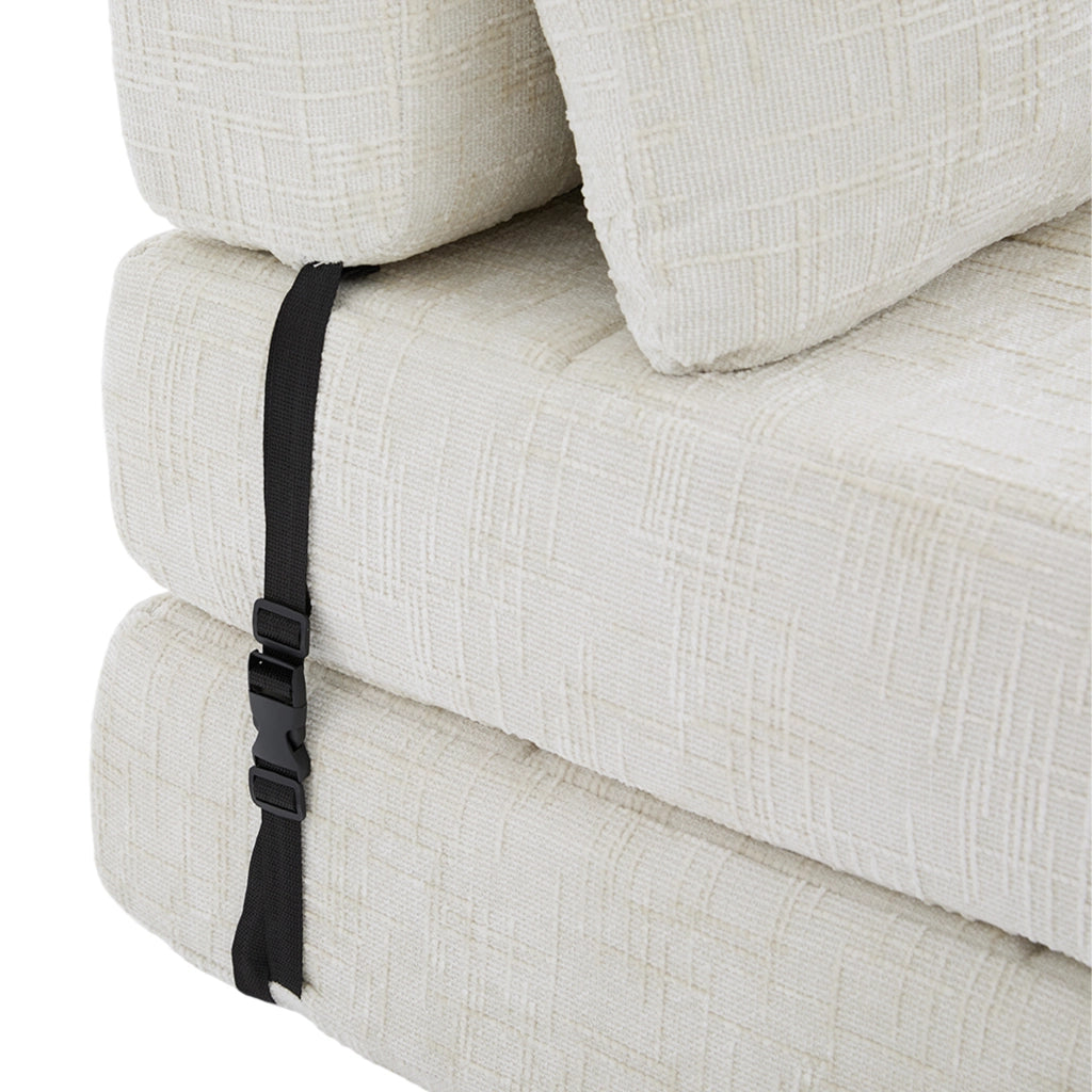 Divano letto pieghevole in ciniglia beige con cuscini; 79 x 180 cm