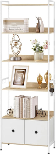Libreria a 5 Piani con 2 Cassetti, Scaffale di Stoccaggio a Pavimento, Moderno, Struttura in Acciaio, Soggiorno/Ufficio/Studio/Cucina/Camera da Letto, Rovere Chiaro+Bianco, RGB62whe