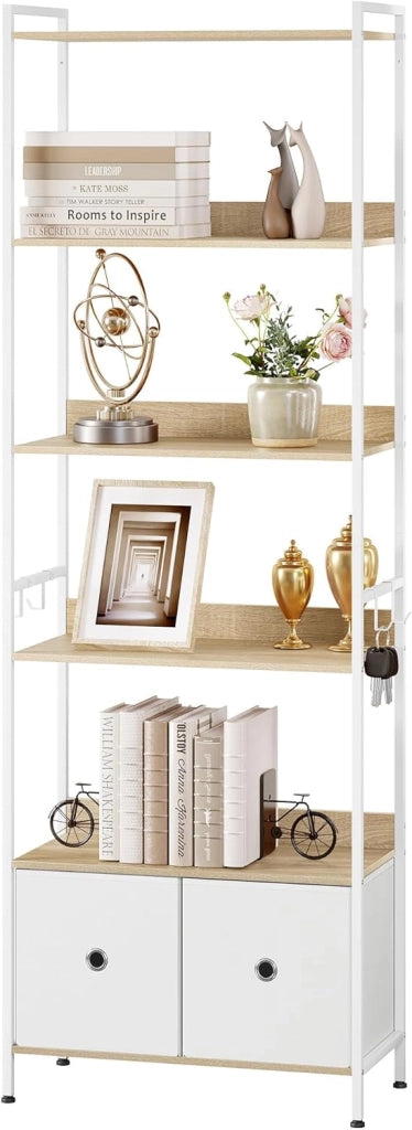 Libreria a 5 Piani con 2 Cassetti, Scaffale di Stoccaggio a Pavimento, Moderno, Struttura in Acciaio, Soggiorno/Ufficio/Studio/Cucina/Camera da Letto, Rovere Chiaro+Bianco, RGB62whe