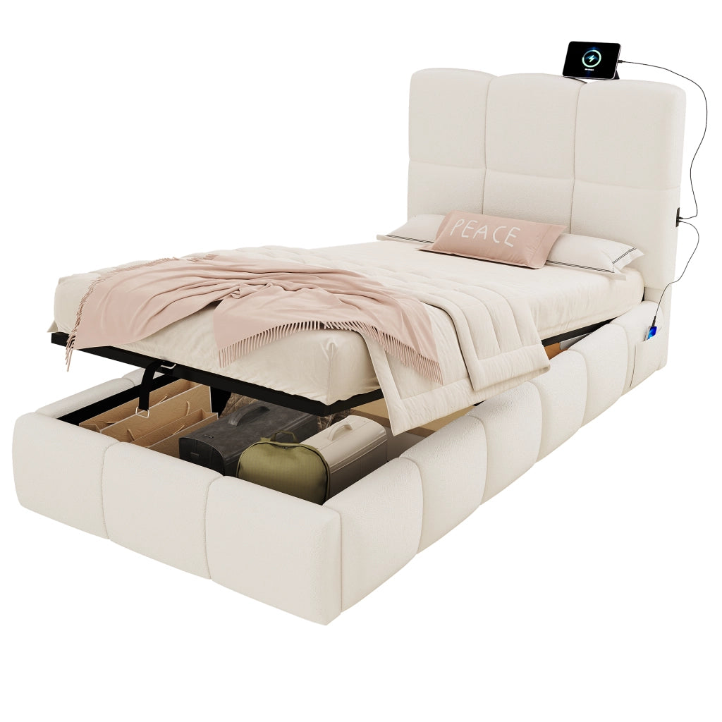 Letto bambino 90×200 cm con contenitore idraulico; USB Type-C; senza materasso; bouclé beige