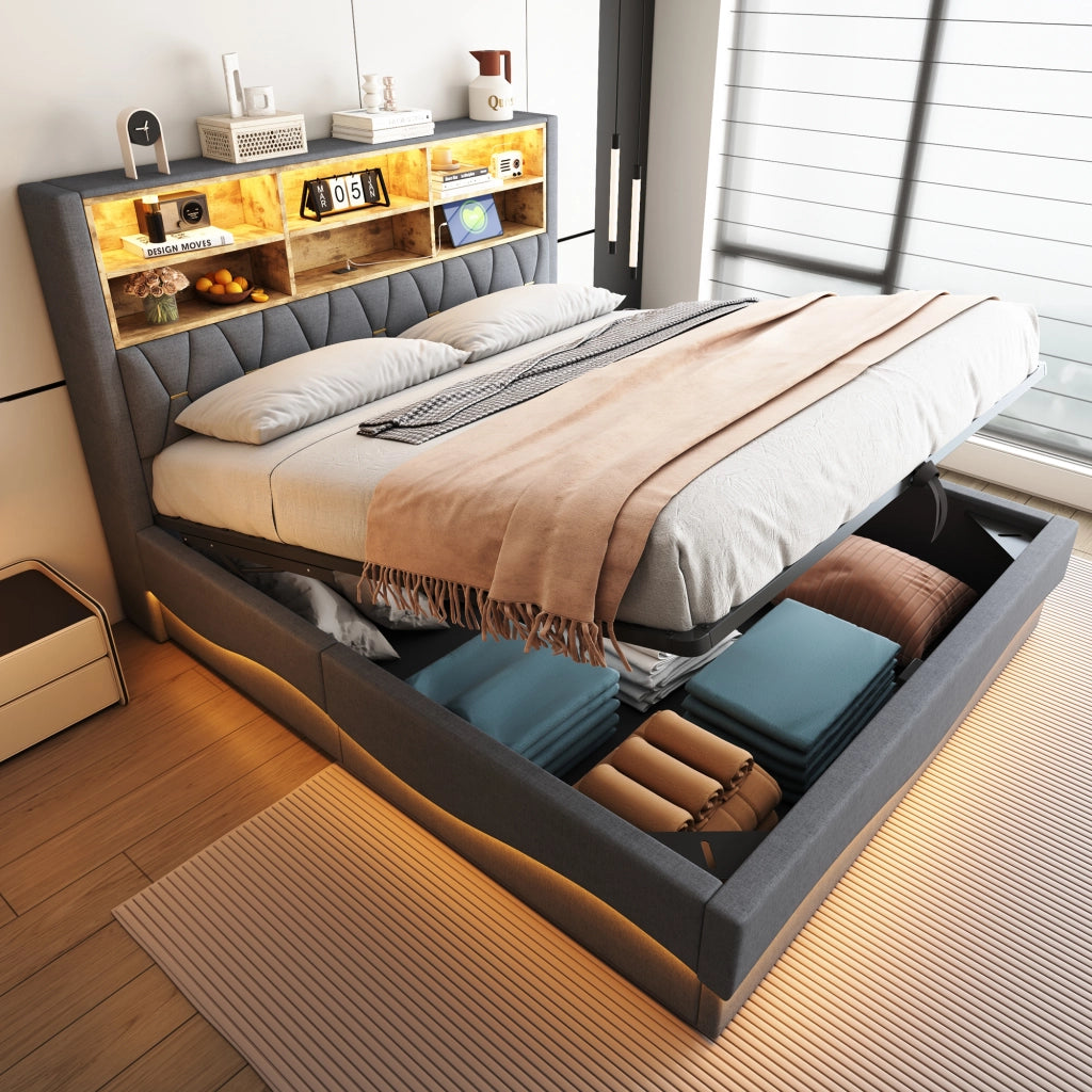 OKWISH Letto Contenitore 180×200 cm, Letto Matrimoniale con LED Regolabile, USB e Vano Contenitore, senza Materasso, in Metallo, Grigio