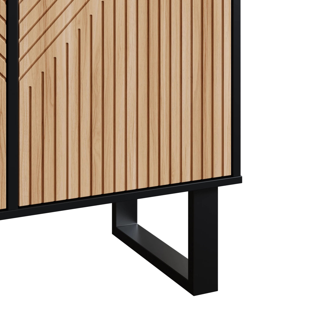 Mobile porta TV moderno con ante effetto legno e frontali a rilievo, nero e naturale 160 × 38 × 75 cm