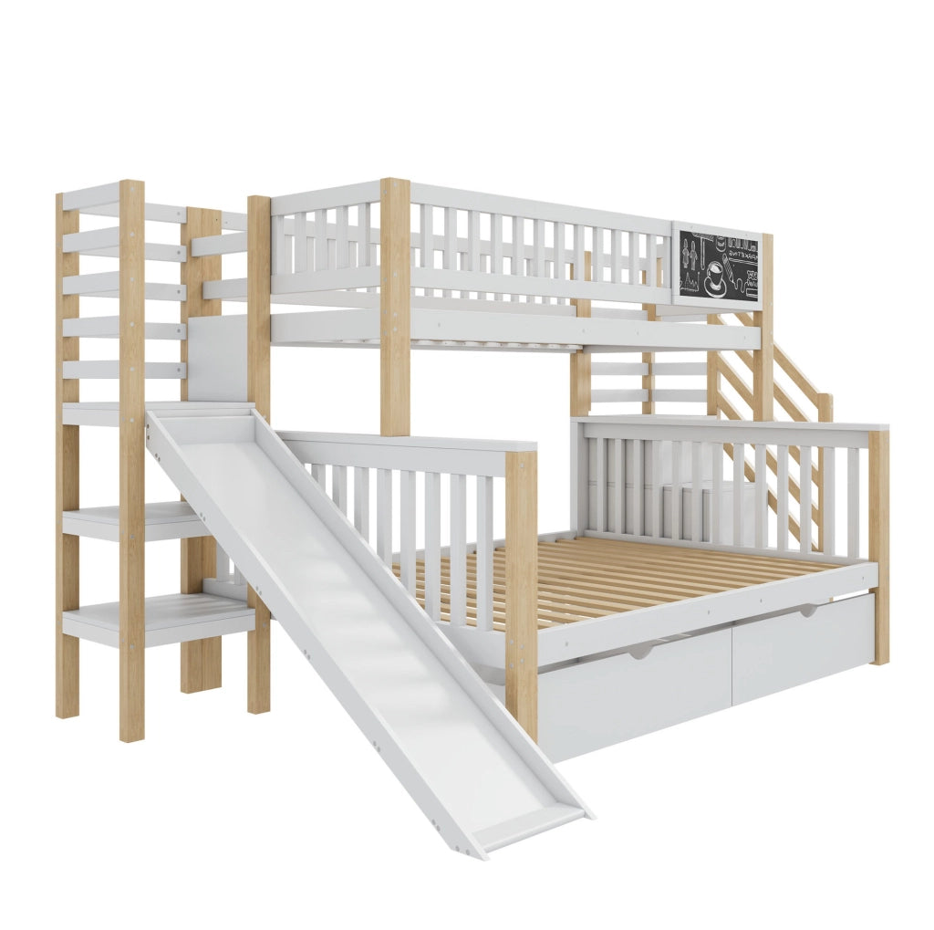 Letto a castello per bambini con scivolo; scala contenitore e lavagna; 140x200 cm; bianco/naturale
