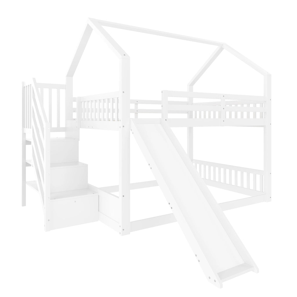 OKWISH Letto a Castello Casetta 140×200 cm, Letto Singolo con Scala Contenitore, Scivolo e Spondine, senza Materasso, Bianco