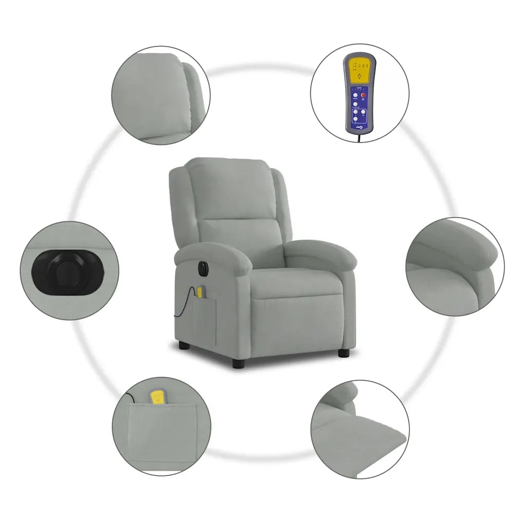 Poltrona Elettrica Massaggi Reclinabile-Divano Sedia Grigio Chiaro Velluto 914196
