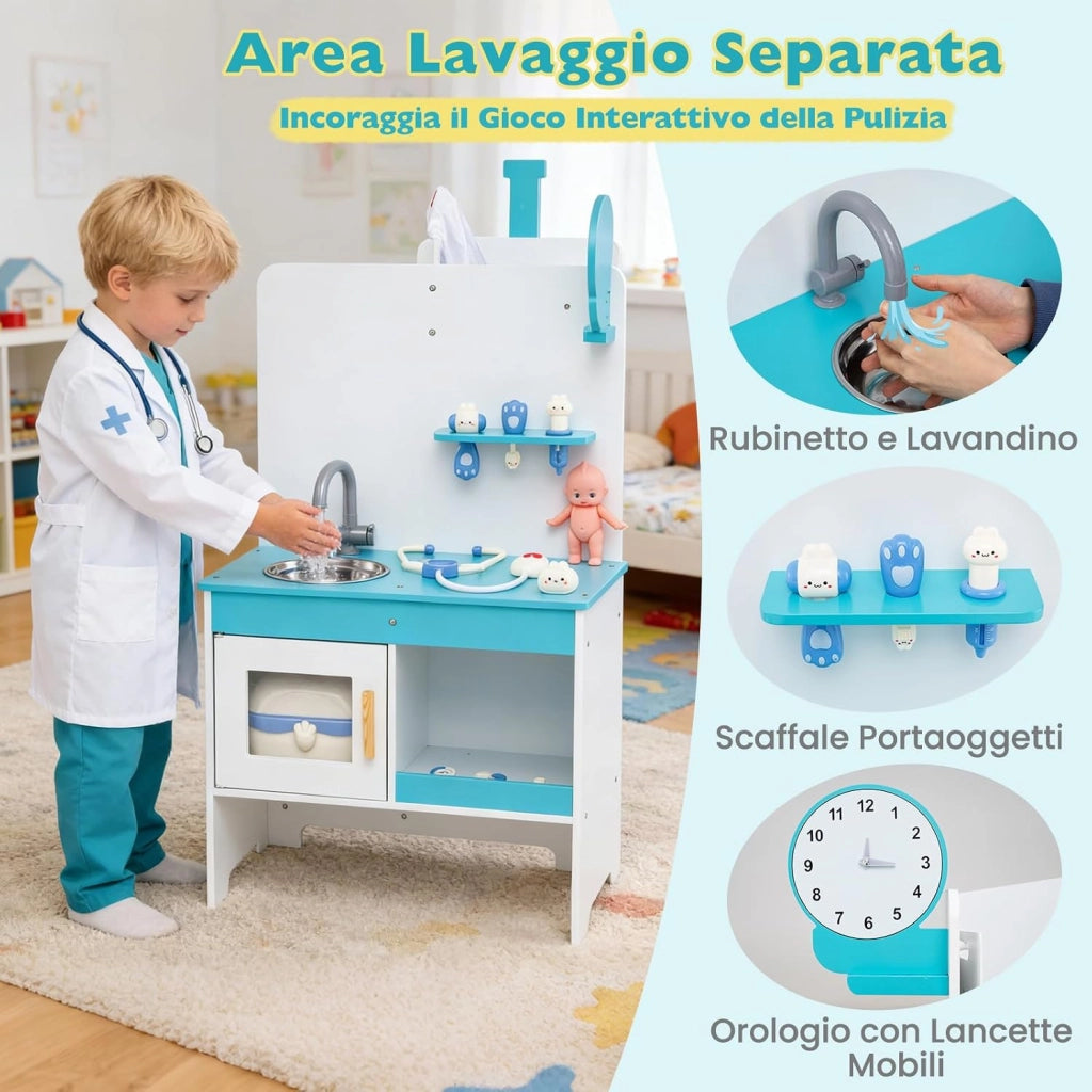 Kit Dottoressa Bambini a Tre Facce, Centro Medico Giocattolo in Legno con Monitor ECG, Rubinetto e 27 Accessori, Luci e Suoni, Regalo Bambini 3-6 Anni, 93 x 54,5 x 98,5 cm