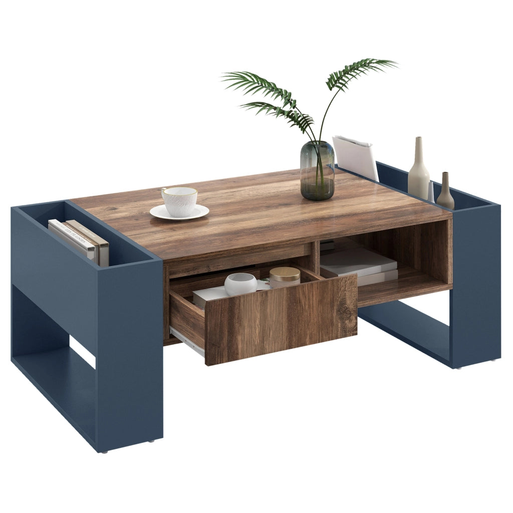 Tavolino da salotto 111x40x60 cm; ampi vani portaoggetti; truciolato; legno e nero