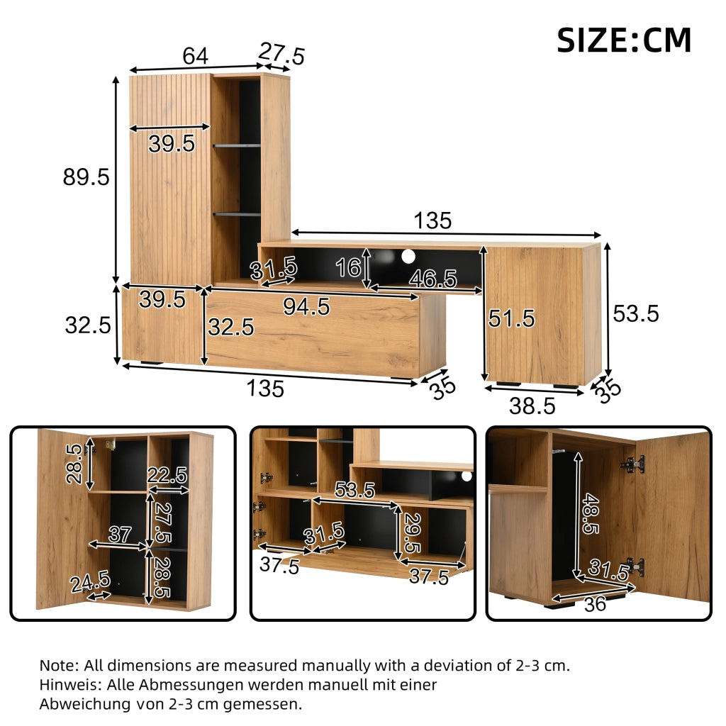Mobile porta TV con pensile 4 ante e 2 vani aperti lunghezza regolabile finitura rovere e nero per soggiorno