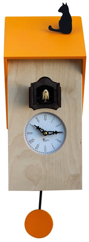 Orologio a Cucù da Parete 17x37x12 cm con Gatto Pirondini Italia Vicenza Naturale e Giallo