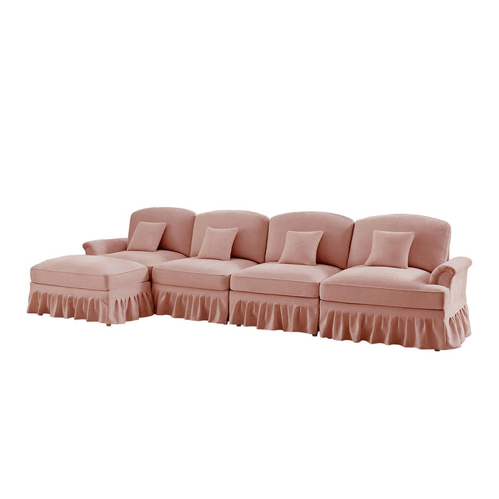 Divano modulare a L - Xylo - 4 posti, chenille, mid-century, rosa
