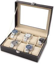 Cassa orologio con 10 contenitori, scatola di conservazione e organizzatore di gioielli, cassetta orologio con coperchio, rivestimento in PU e imbottitura in velluto, chiusura metallica, nera