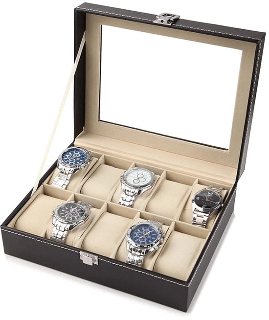 Cassa orologio con 10 contenitori, scatola di conservazione e organizzatore di gioielli, cassetta orologio con coperchio, rivestimento in PU e imbottitura in velluto, chiusura metallica, nera