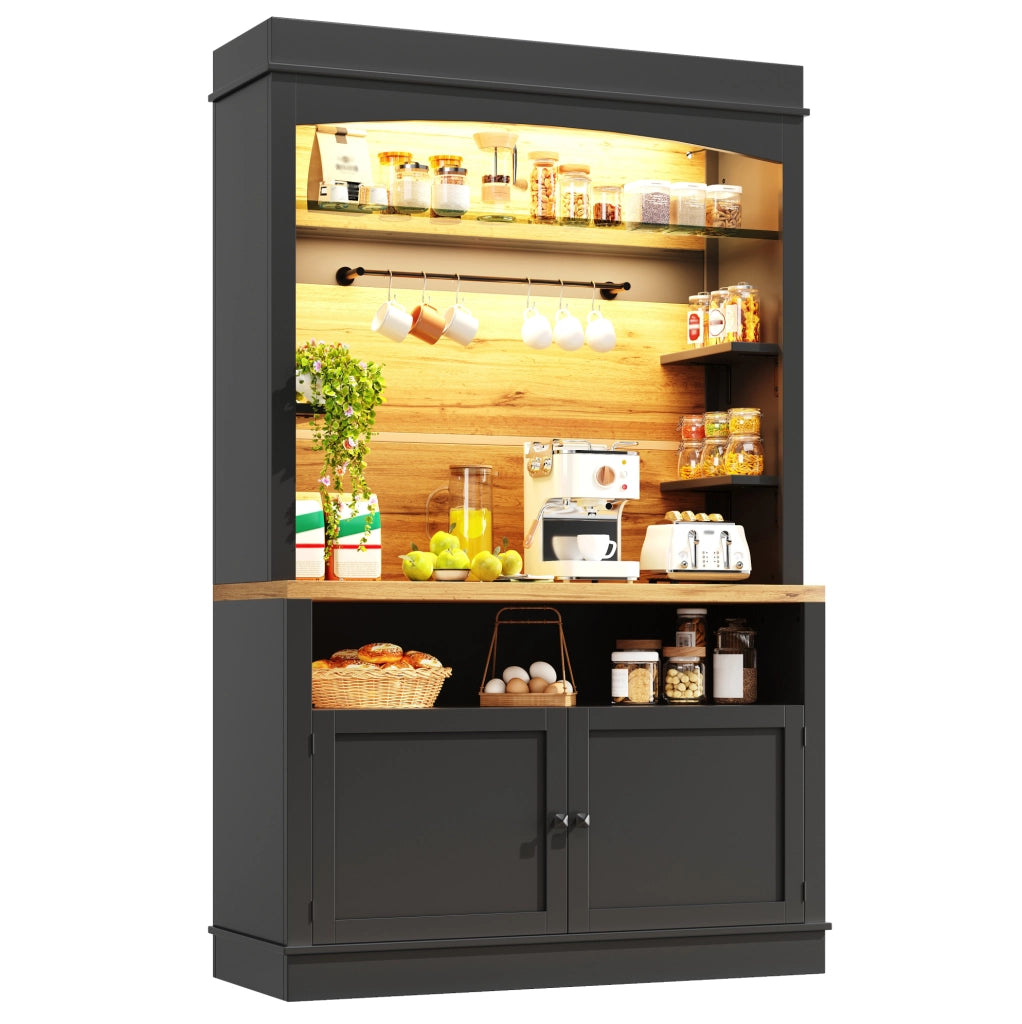 Credenza cucina 107x43x184 cm con illuminazione LED; ripiani aperti; MDF e metallo; nero