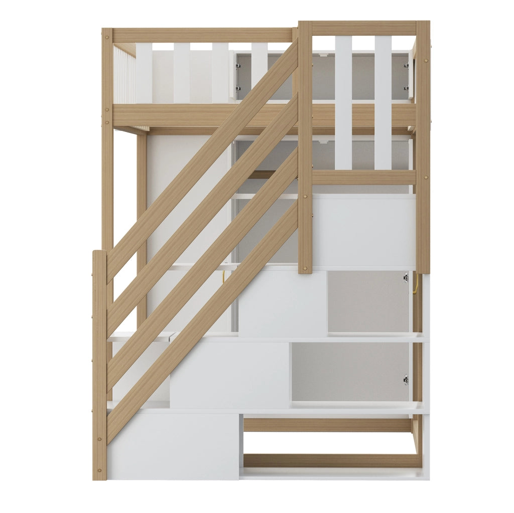 Letto a soppalco 90x200 cm con guardaroba, ripiani e scala portaoggetti