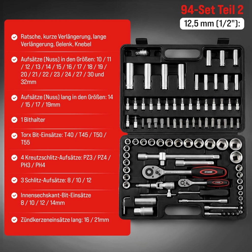 ® Set di Chiavi a Bussola 94 Pezzi in Acciaio CV 1/4' + 1/2' Custodia per il Trasporto Cassetta Attrezzi