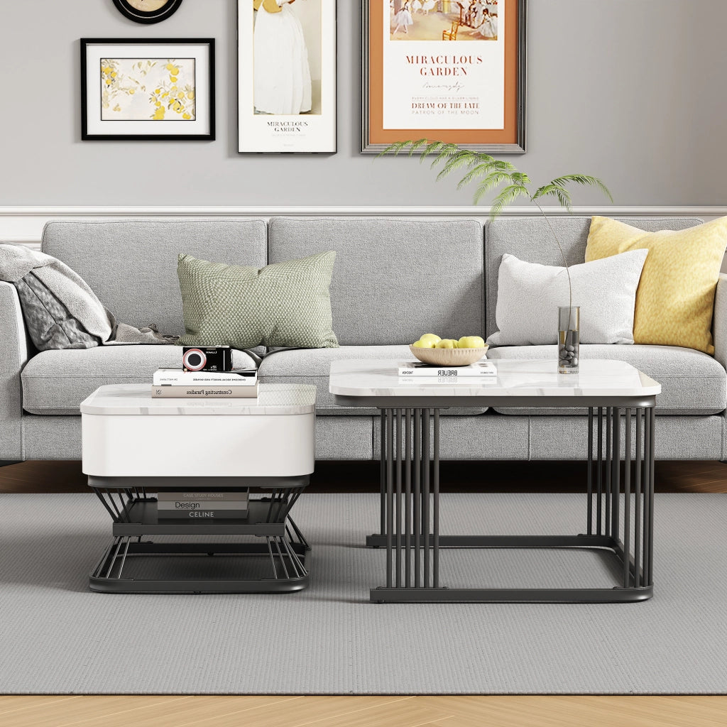 TAVOLINO Set da 2 pezzi 70x70x45 cm + 50x50x40 cm Bianco/Nero effetto marmo