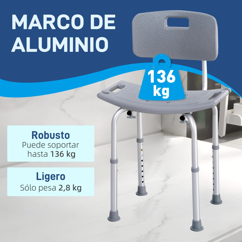 Sgabello da doccia con schienale antiscivolo e altezza regolabile ¨C zephmum ¨C 8 livelli, carico 136 kg