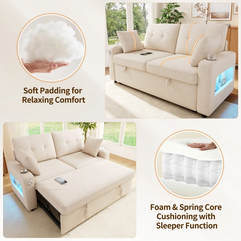 Divano letto 2 posti estraibile 141;5x131x83;5 cm in chenille beige con LED e USB/Type-C