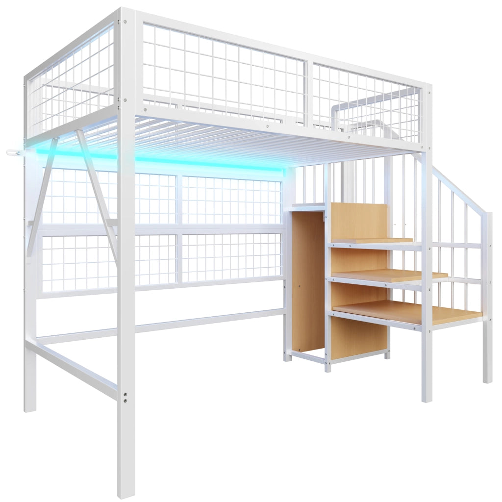 Letto a soppalco singolo con scala contenitore; armadio aperto e LED; 90 × 200 cm; senza materasso