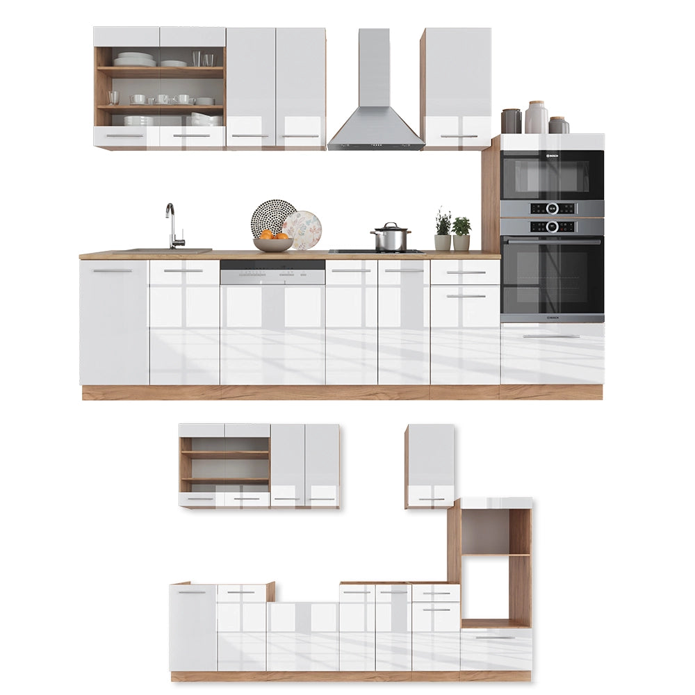 Cucina componibile Fame-Line Bianco lucido/Rovere dorato 300 cm con armadio alto, PL Marmo Vicco