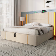 LETTO Matrimoniale 160x200 cm in lino beige con LED, USB e porta Type-C