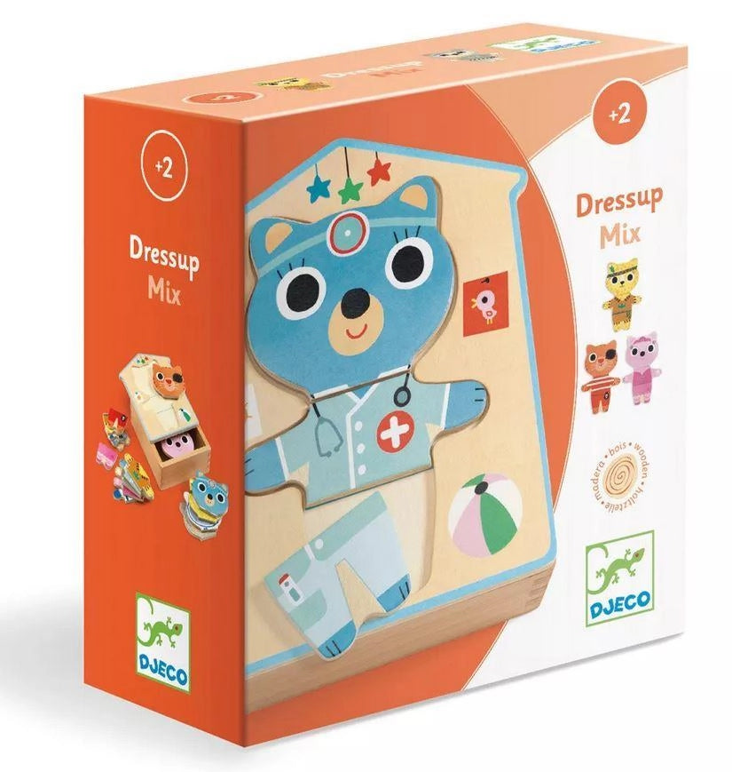 Puzzle in legno Dressup Mix, 6 animali da comporre,Djeco,Eta 2+