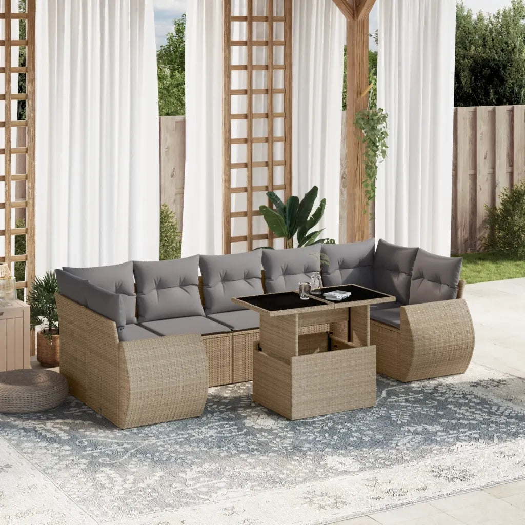 Set Divano da Giardino 8 pz con Cuscini Beige in Polyrattan