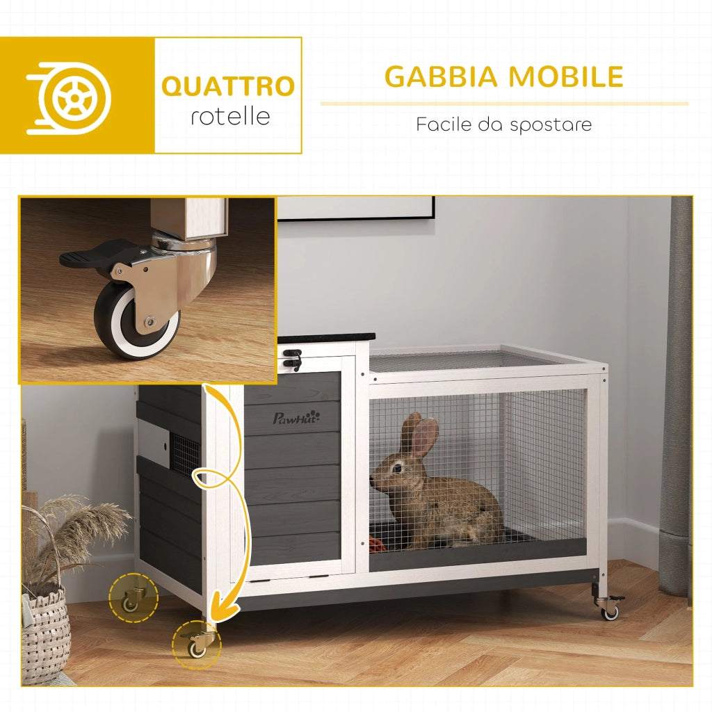 Conigliera 91x51x66 cm con Ruote in Legno di Abete Grigio Scuro e Bianco