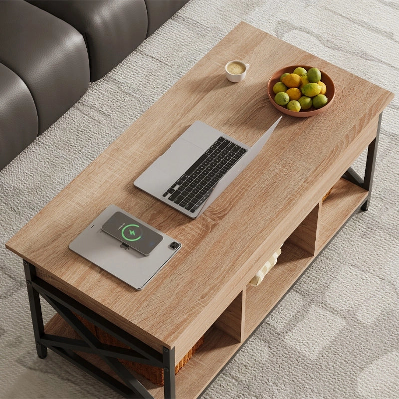 Tavolino da caffè, in legno, stile loft, allungabile, sollevabile, con contenitore, tavolo, 100 cm