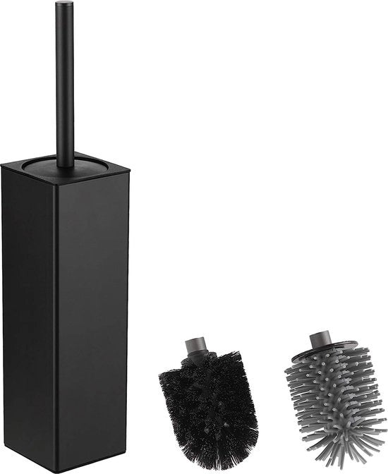 Set di spazzole per il water e supporto, supporto per spazzola in silicone con 2 teste di spazzola, spazzola quadrata per la pulizia della toilette in alluminio, set di spazzole per la pulizia della toilette (matte nero)