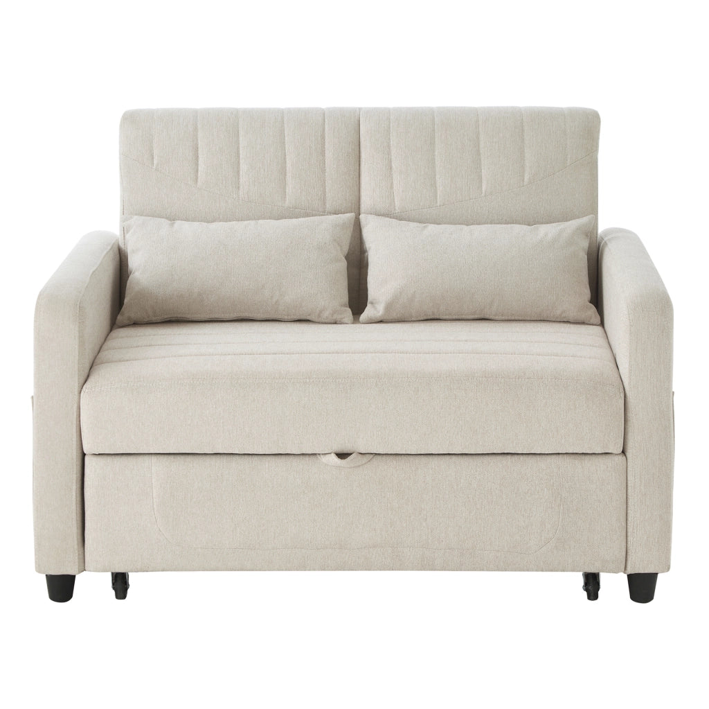 Sofà letto estraibile a due posti beige con schienale regolabile e due cuscini salvaspazio