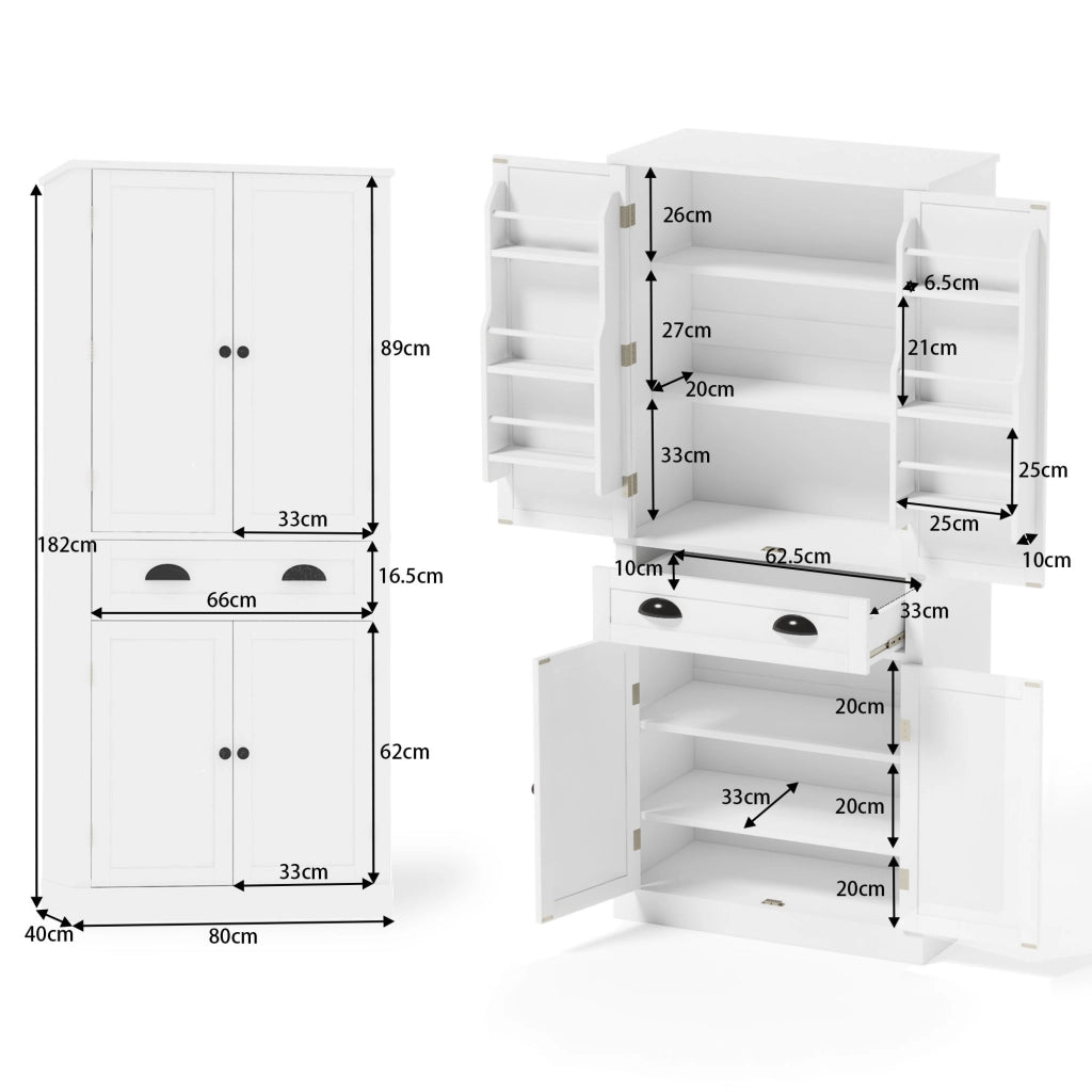 Credenza Alta da Cucina con 4 Ante; 1 Cassetto e 4 Ripiani Regolabili per Cucina in MDF 80 x 40 x 182 cm Bianco